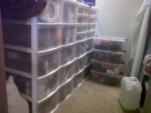 This is the yarn stash. All of the yarn in the drawers is sorted by type and color.