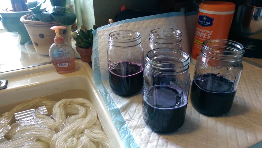 New idea. I can get those little skeins into wide-mouth canning jars. I just happen to have some of those in the garage.