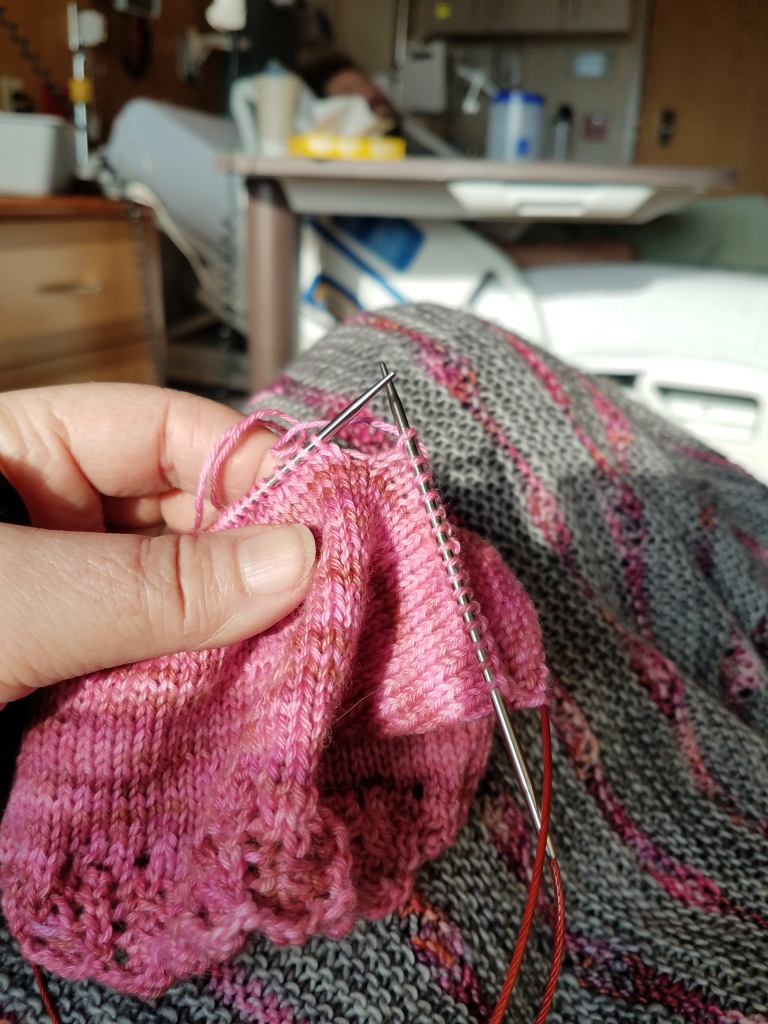 Knitting at the hospital.