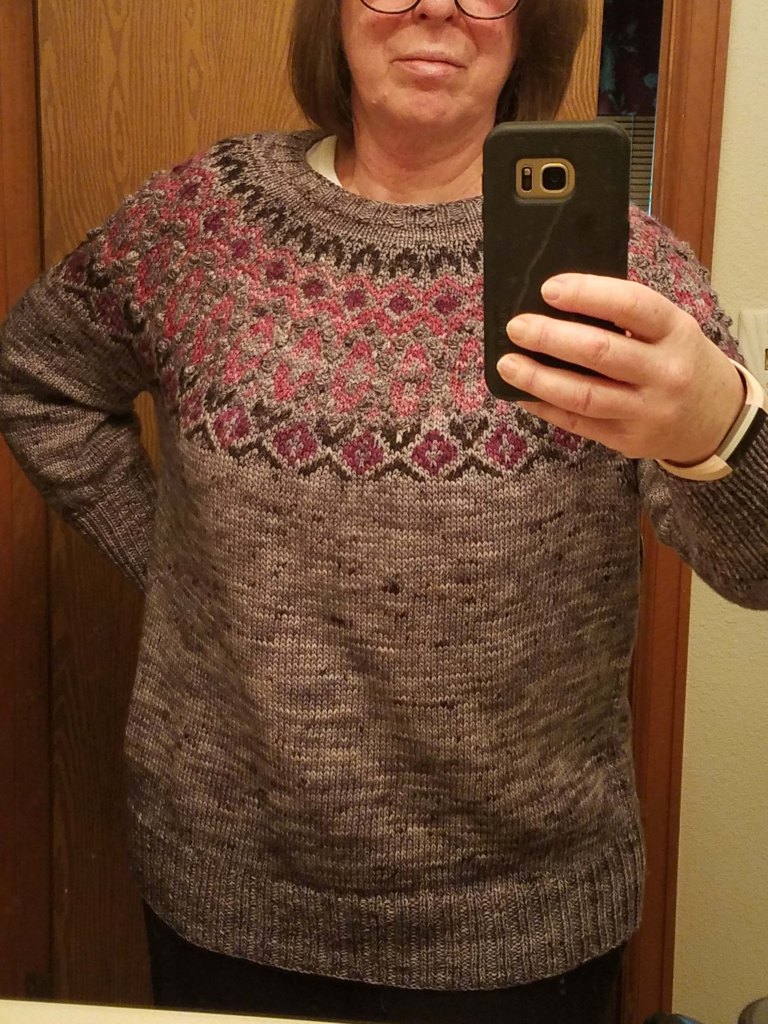 Finished sweater on the Mother of Cats.