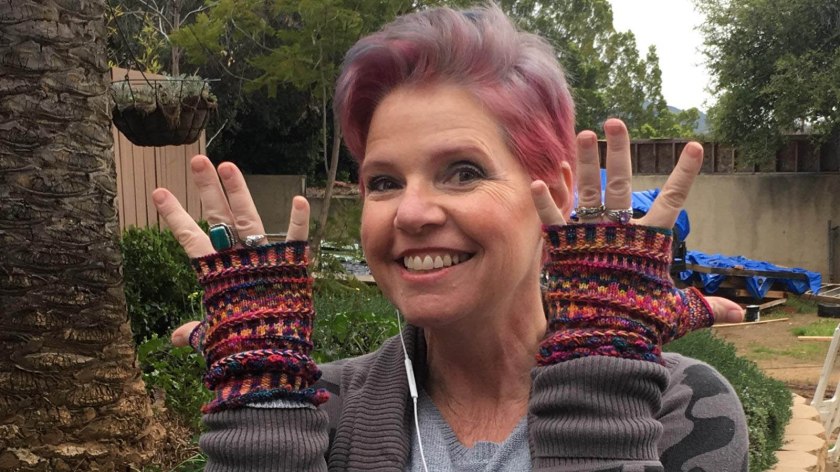 The knitworthy niece showing off her fabulous mitts!!